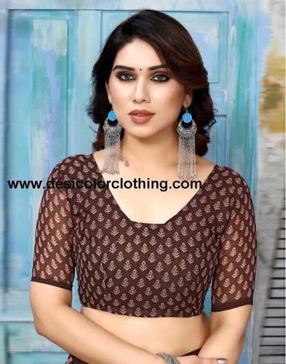 Brown Chiffon Printed Saree