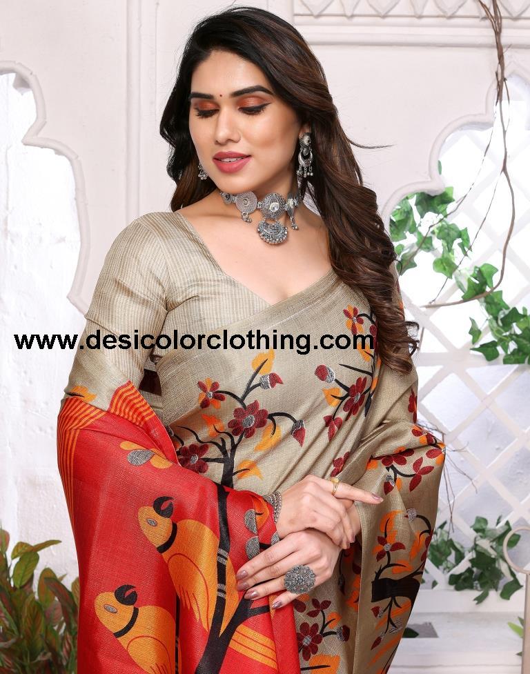 Beige Printed Silk Saree