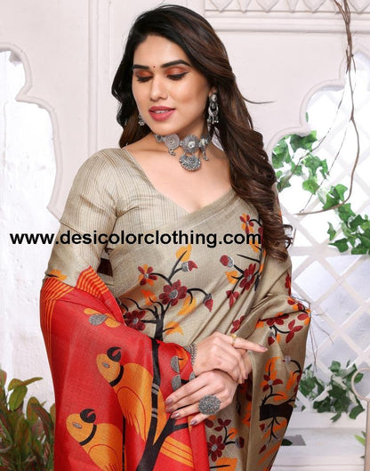 Beige Printed Silk Saree