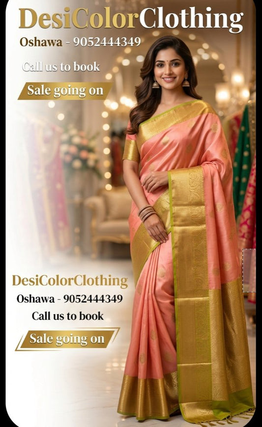 Product Image - Elegant Peach Kachipuram Pattu Sarees for Timeless Style - 1