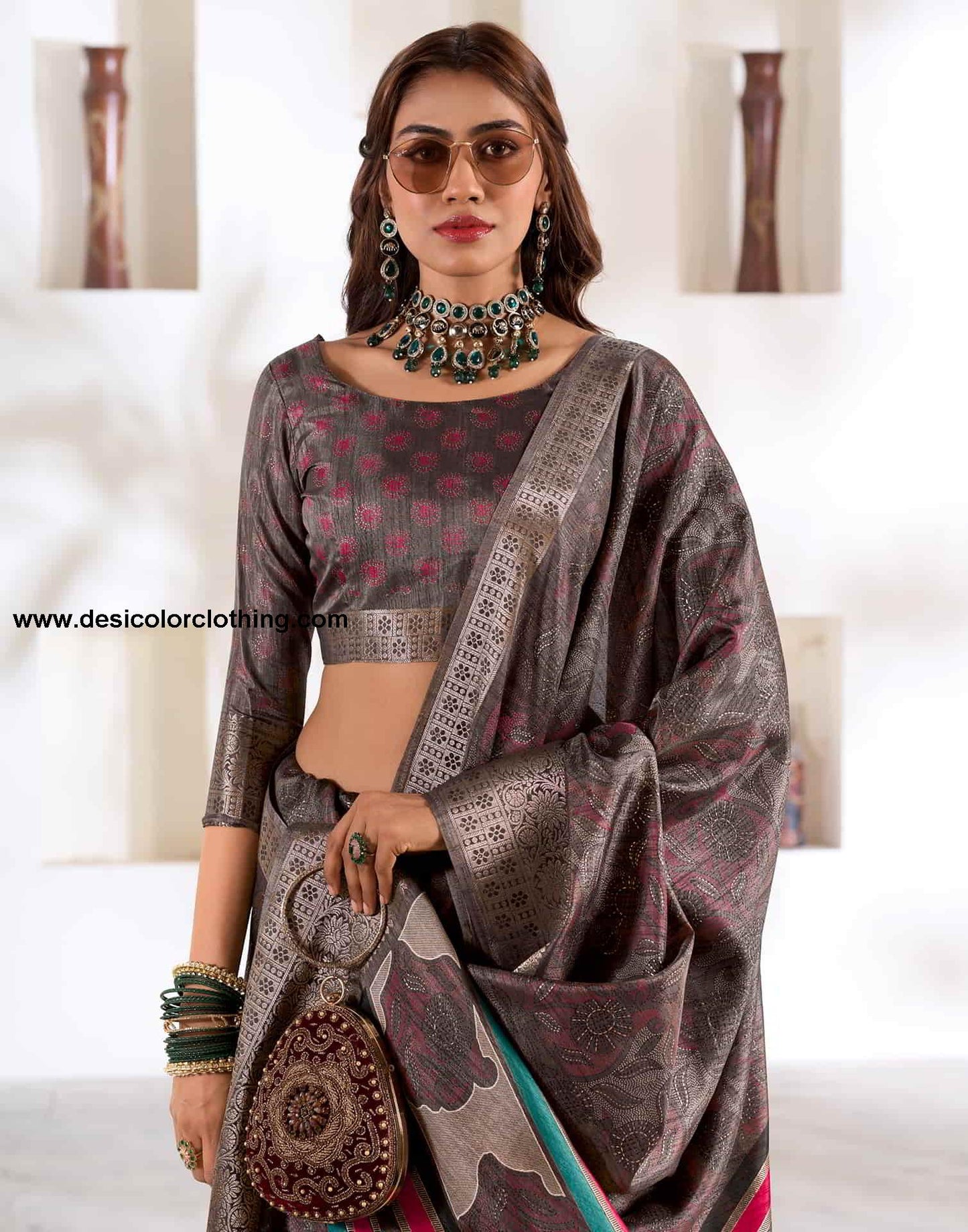 Brown Silk Printed Saree