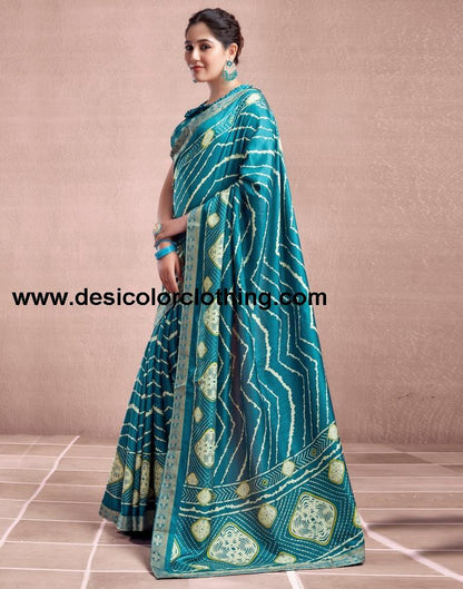 Teal Blue Silk Printed Saree