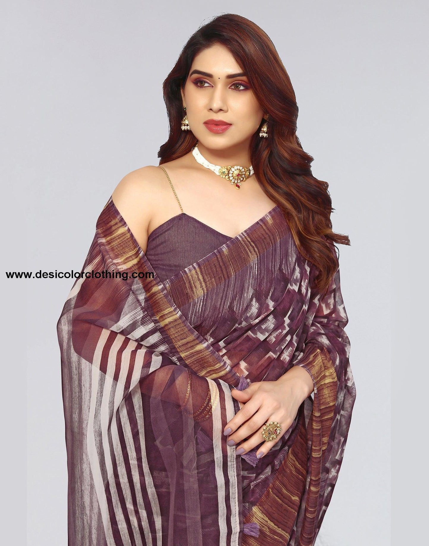Dark Brown Cotton Printed Saree