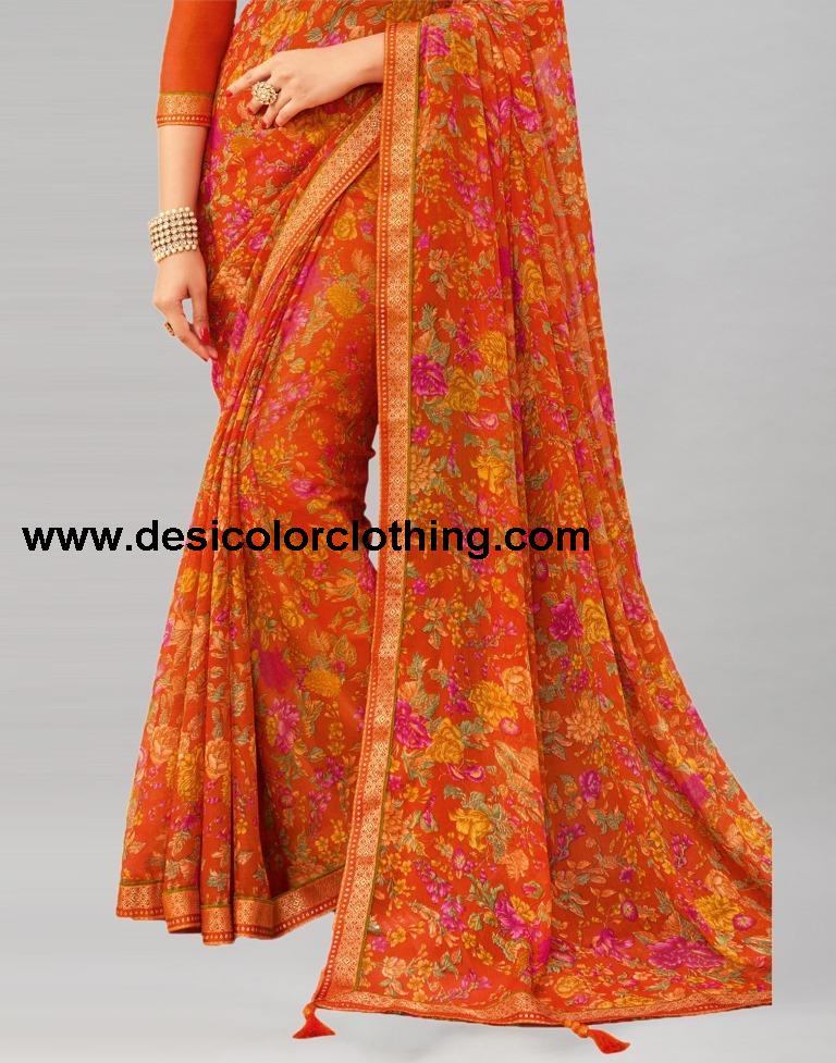 Orange Printed Chiffon Saree | 1976S512