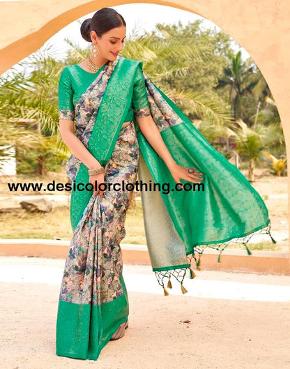 Teal Green Silk Printed Ready To Wear
