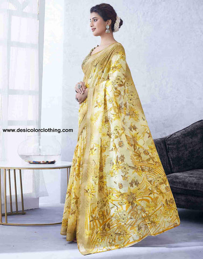 Yellow Cotton Printed Saree
