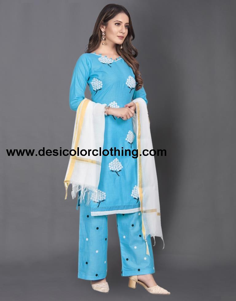 Blue Cotton Embroidered Unstitched Salwar Suit