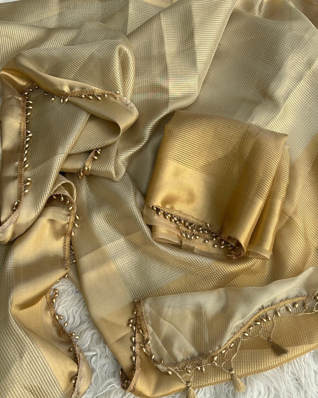 Product Image - Elegant Golden Tissue Silk Saree Inspired by Nayanthara Mam | Designer Antic Gold Border