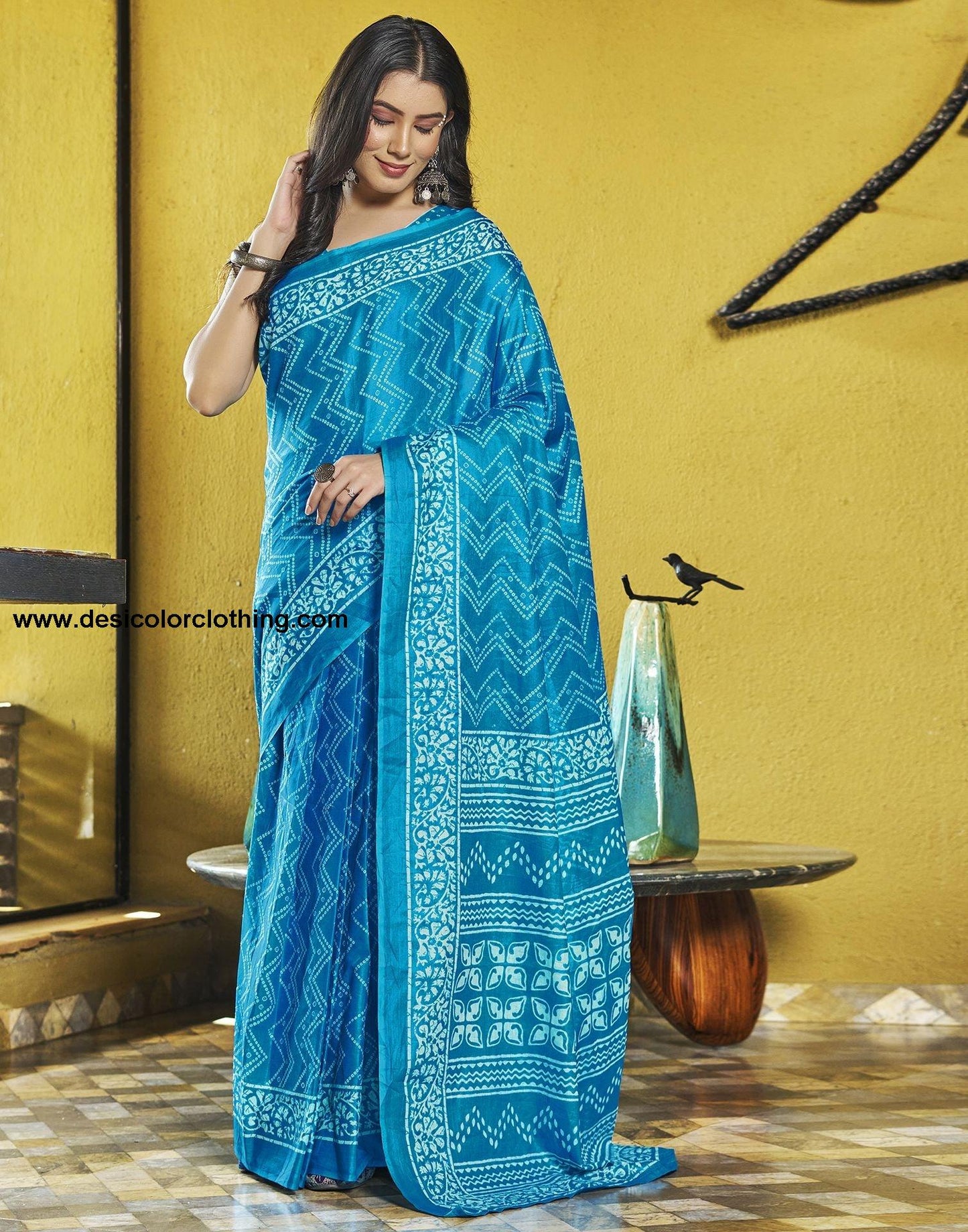 Blue Printed Cotton Pre-draped Saree