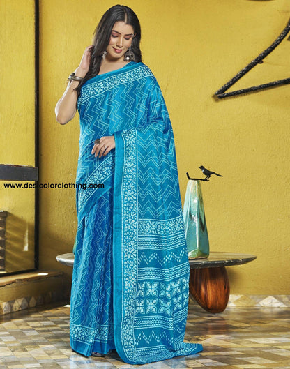 Blue Printed Cotton Pre-draped Saree