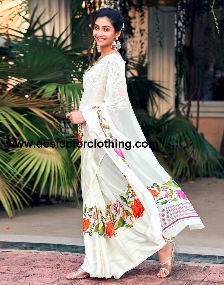 Cream Georgette Printed Saree