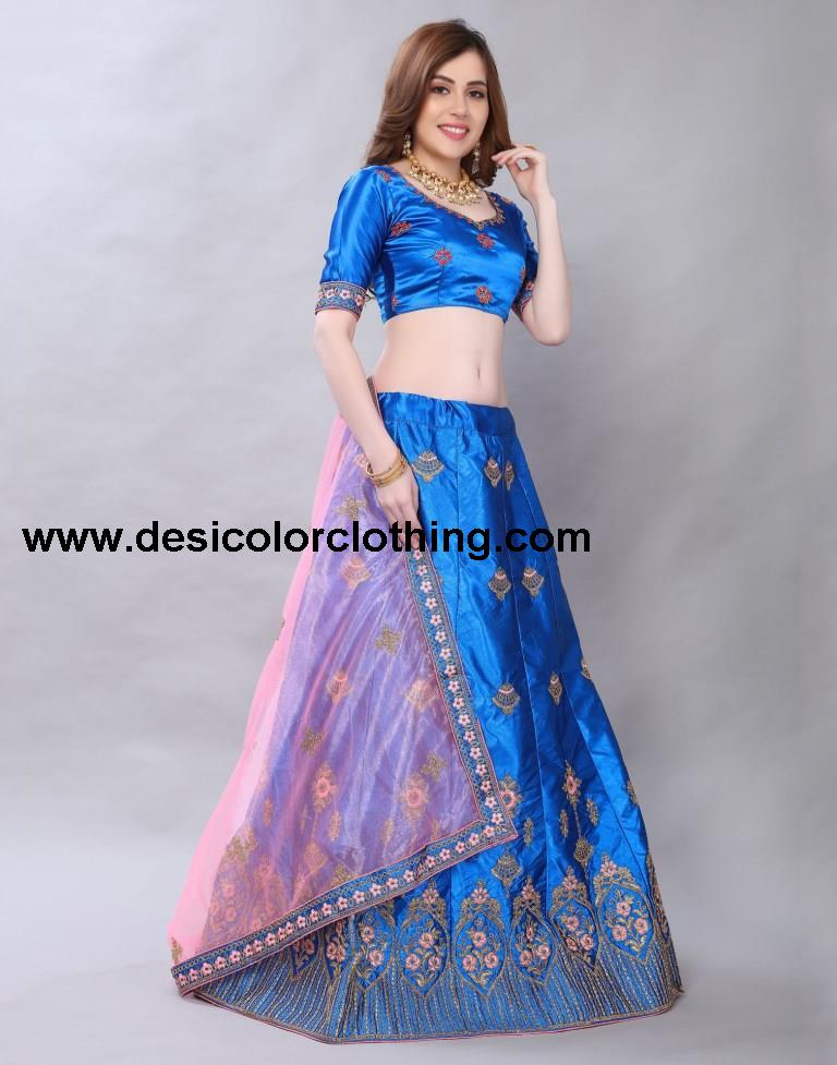 Sparkling Blue Coloured Satin Silk Embroidered Casual Wear Lehenga | SLV119L10391