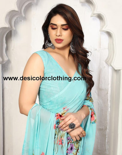 Sky Blue Georgette Printed Saree