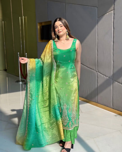 Product Image - Elegant Green Bandhej Print Suit with Beadwork | Designer Festive Wear