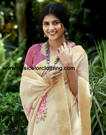 Cream Cotton Printed  Saree