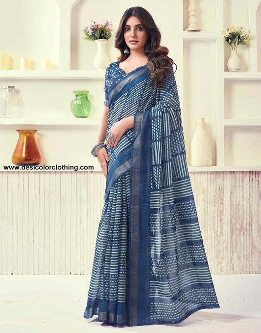 Blue Printed Cotton Geometric Saree