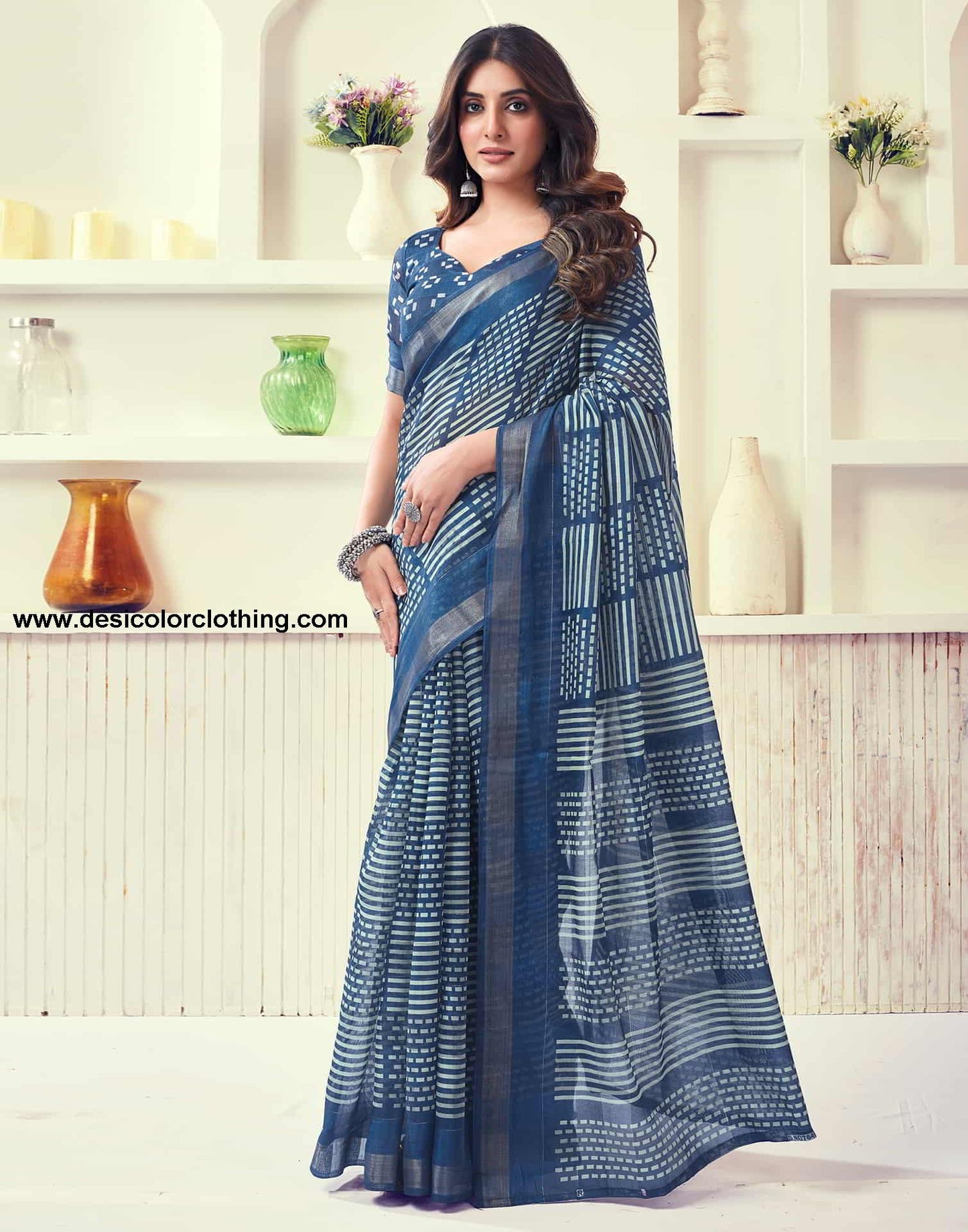 Blue Printed Cotton Geometric Saree