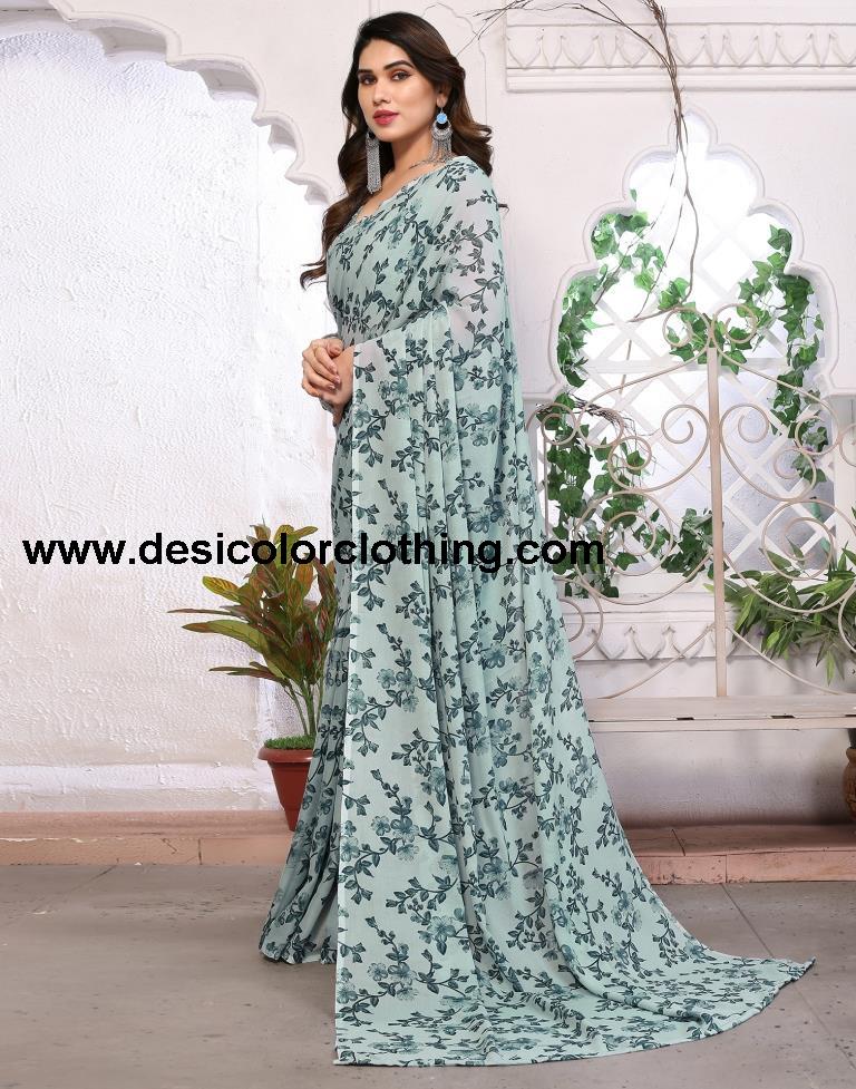 Sea Green Georgette Floral Printed Saree