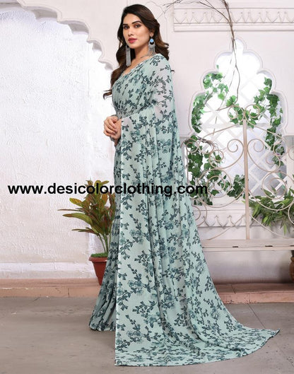Sea Green Georgette Floral Printed Saree