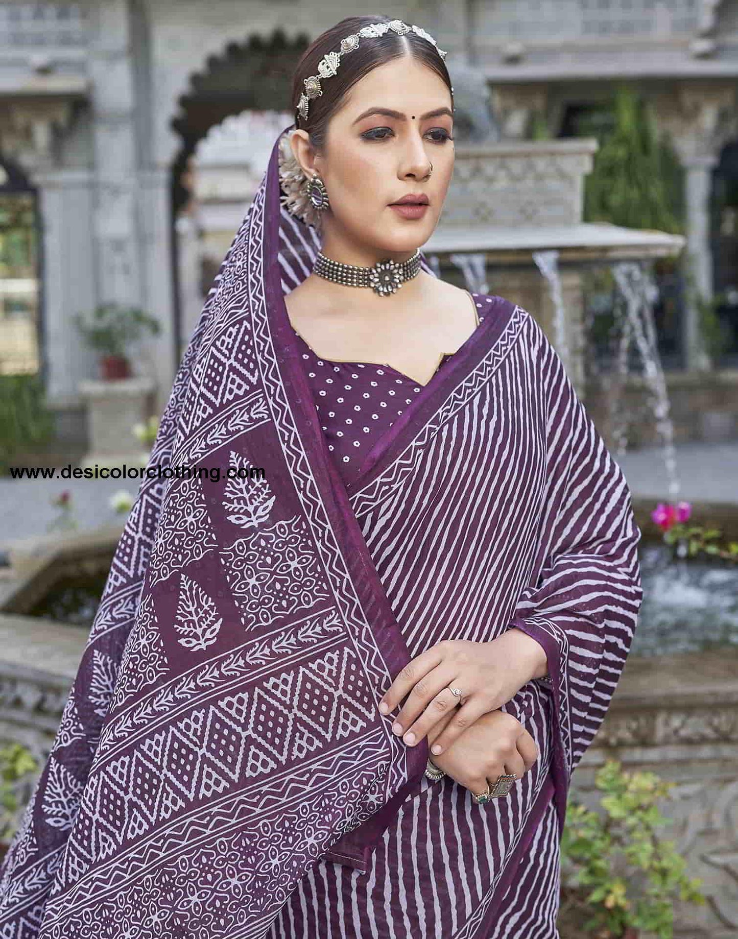 Wine Printed Cotton Leheriya Saree
