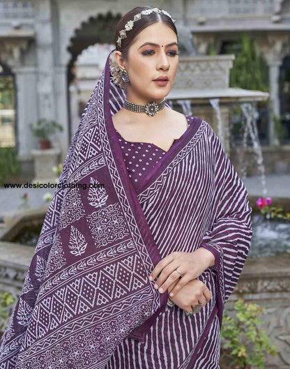 Wine Printed Cotton Leheriya Saree