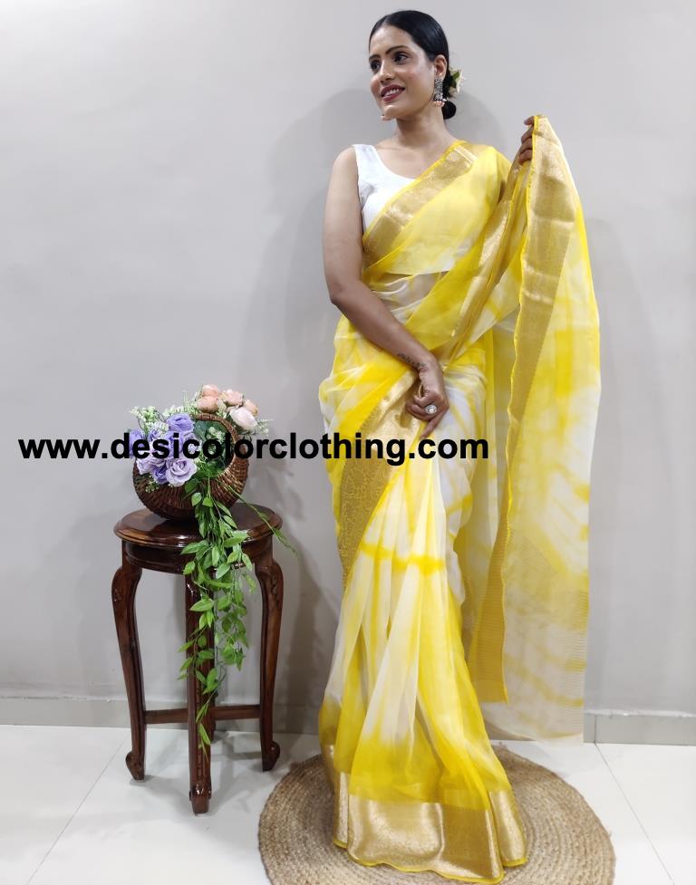 Yellow Organza Printed Saree