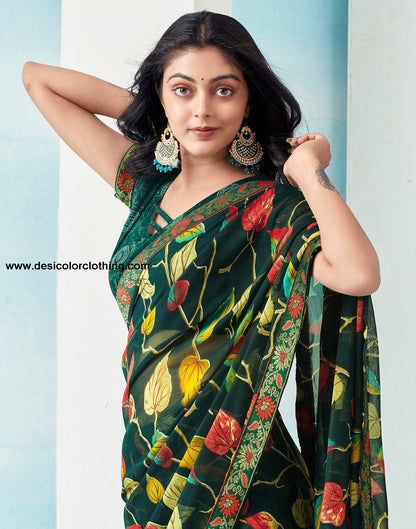 Dark Green Chiffon Printed Saree