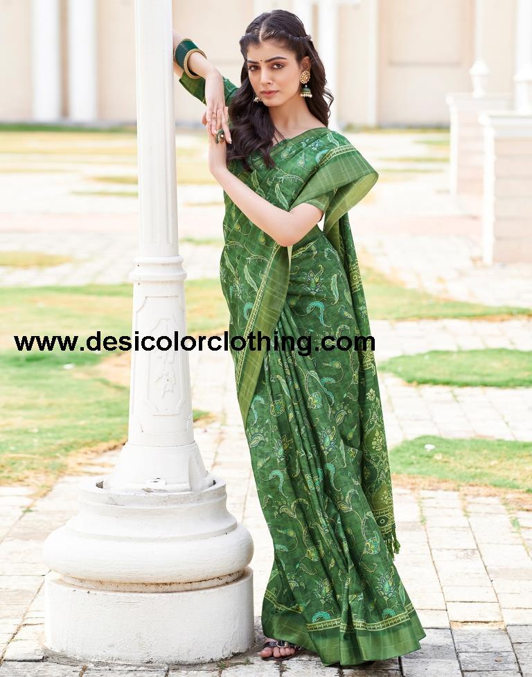 Dark Green Silk Printed Sarees