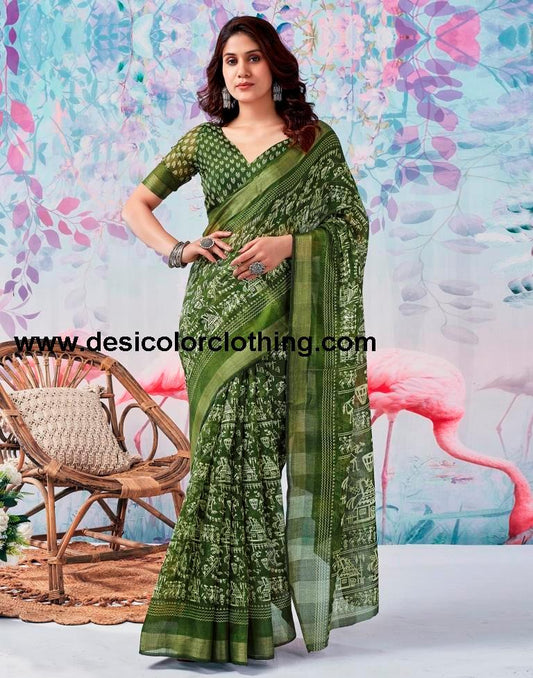 Olive Green Cotton Zari Saree