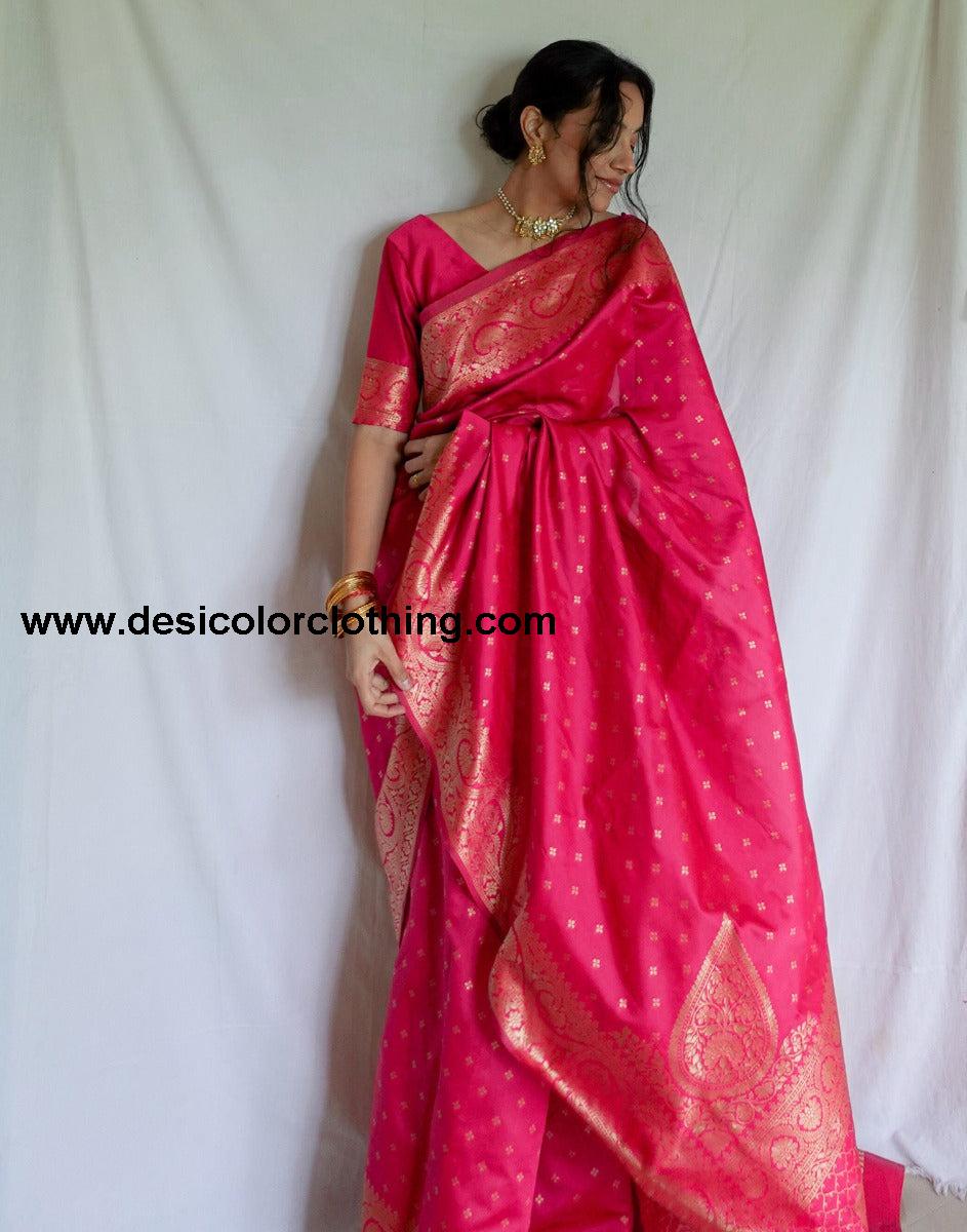 Pink And Golden Banarasi Silk Saree