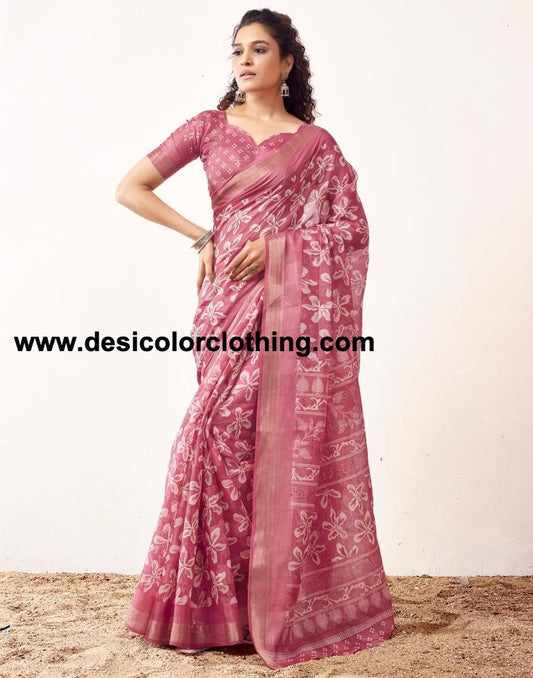 Pink Cotton Printed Sarees