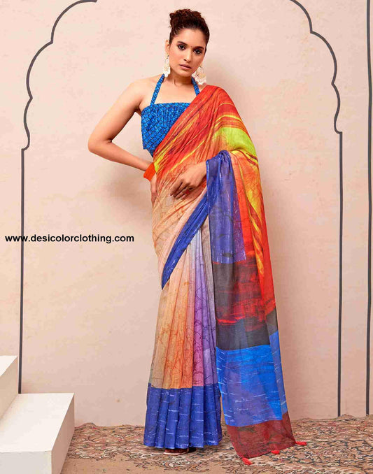 Blue Cotton Printed Saree