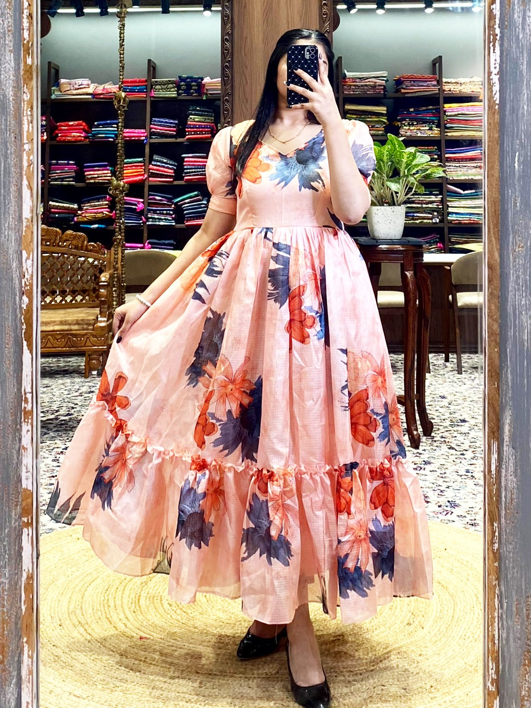 Product Image - Elegant Floral Midi Dress in Kota Fabric | Perfect Festive & Party Wear