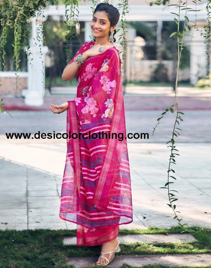 Rani Pink Cotton Printed Saree