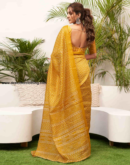 Turmeric Yellow Cotton Printed Saree