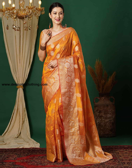 Yellow Banarasi Silk Woven Saree