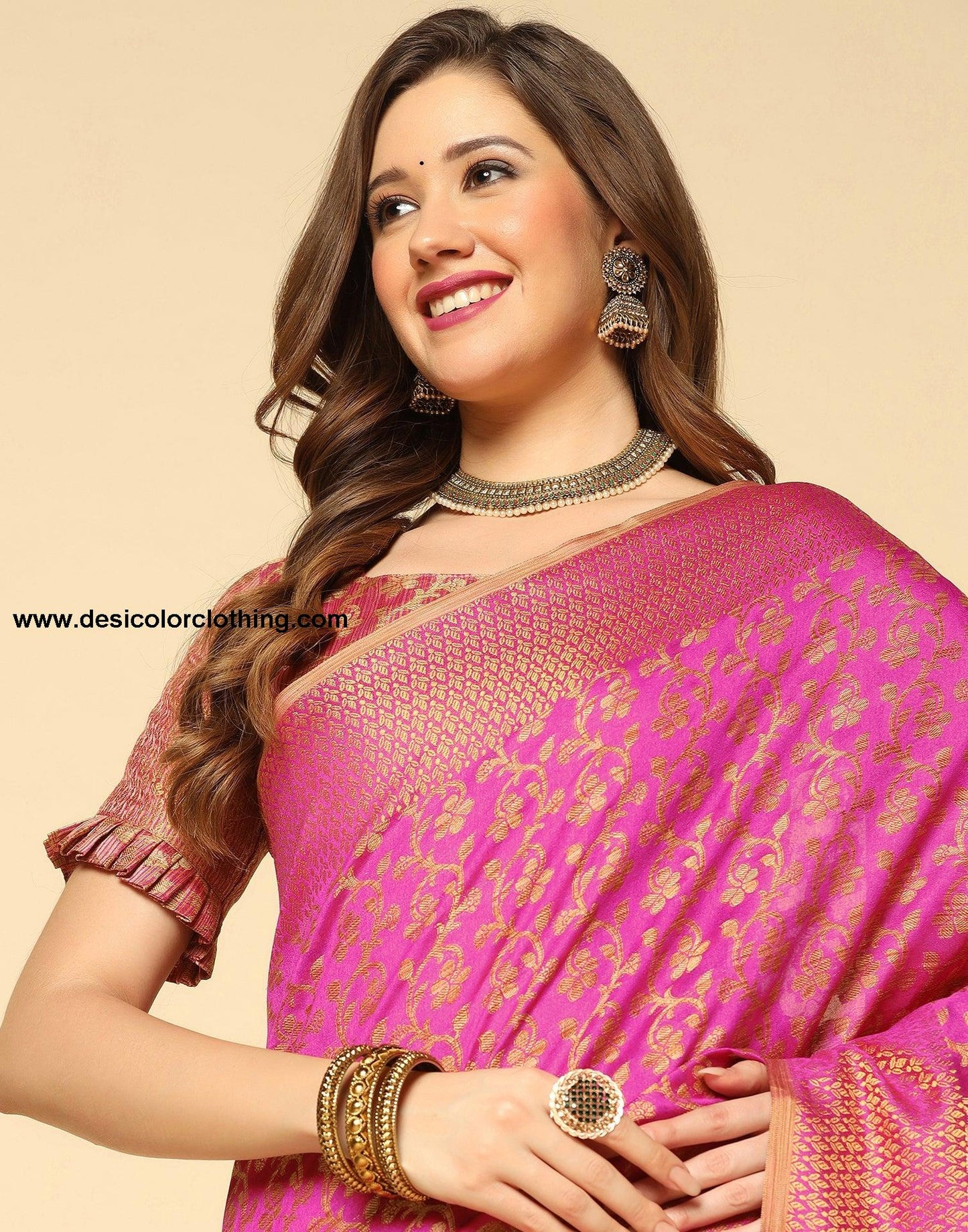 Pink. Beige Banarasi Silk Saree