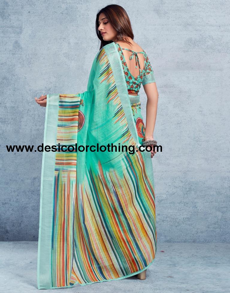Pasta Green Linen Printed  Saree