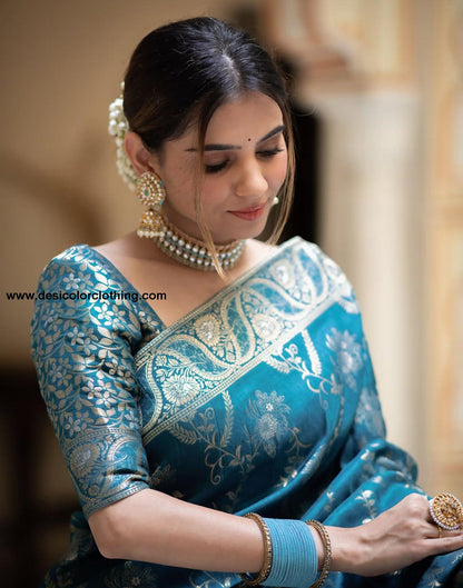 Graceful Blue Art Silk Saree with Plain Weaving Design