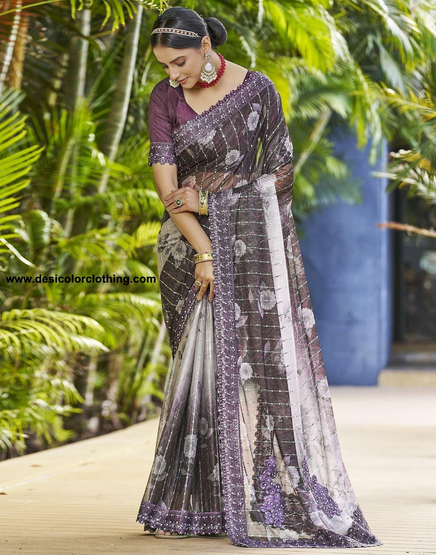 Wine Printed Lycra Saree