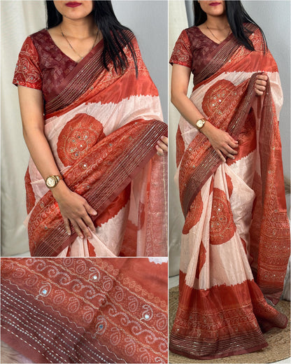 Product Image - Designer Rangeen Silk Saree with Hand Katha and Gotta Patti Work for Festive and Wedding Wear