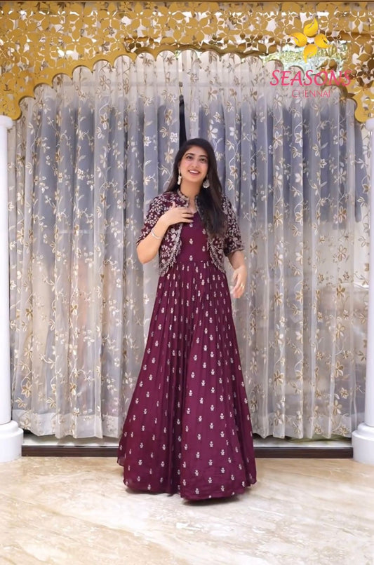 Product Image - Exquisite Cinon Silk Gown-Jacket Set for Festive and Wedding Wear
