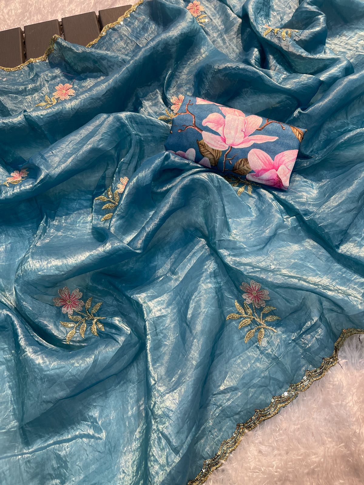 Product Image - Designer Gold Crush Tissue Saree with Multi-Embroidery for Festive Wear