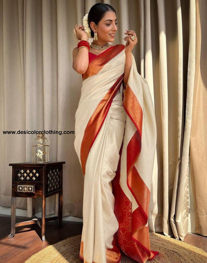 Cream Jacquard Silk Saree