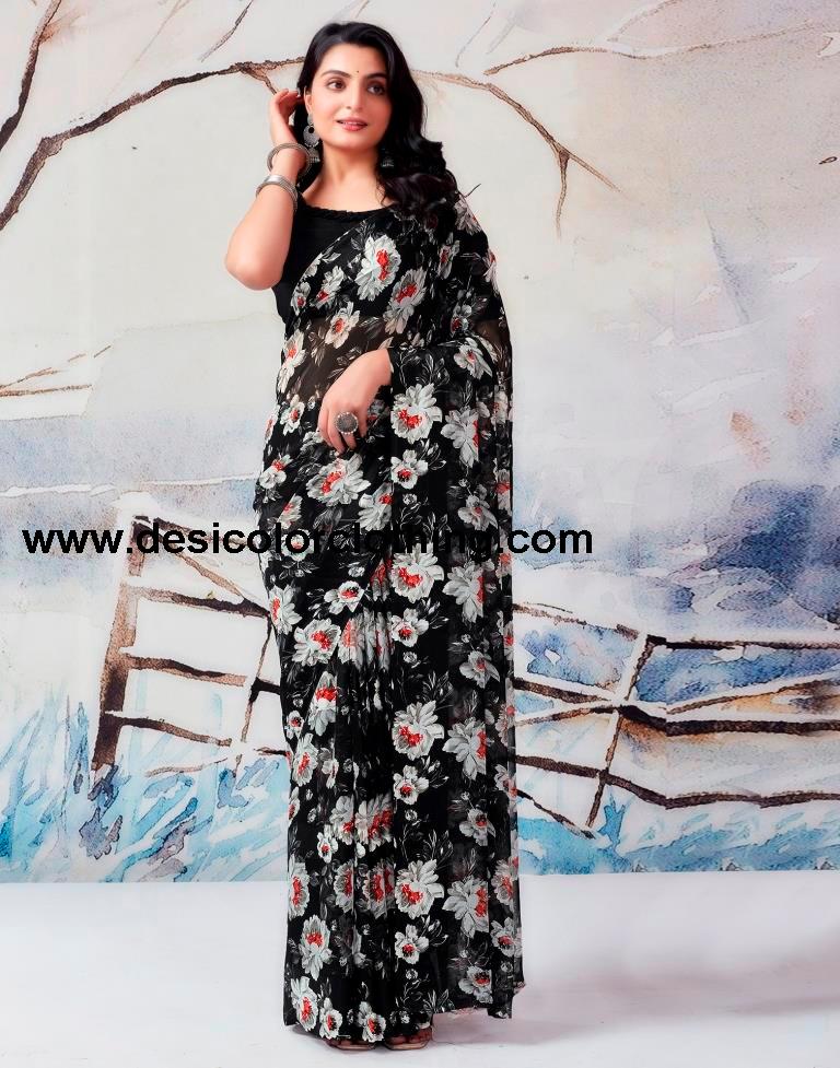 Black Georgette Printed  Saree