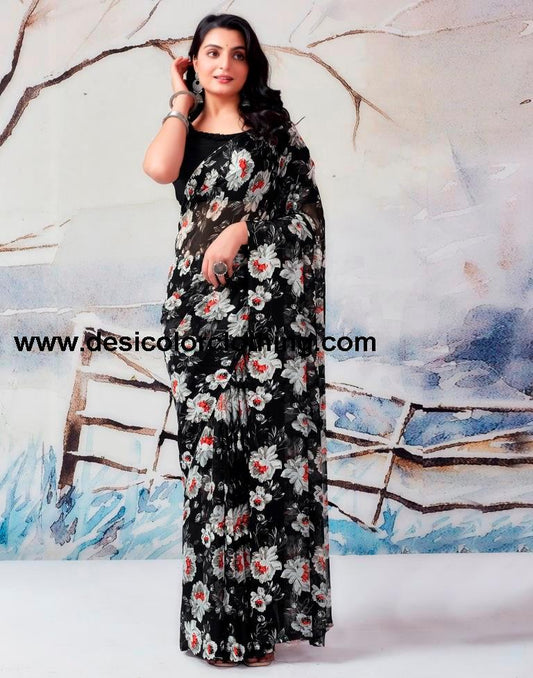 Black Georgette Printed  Saree