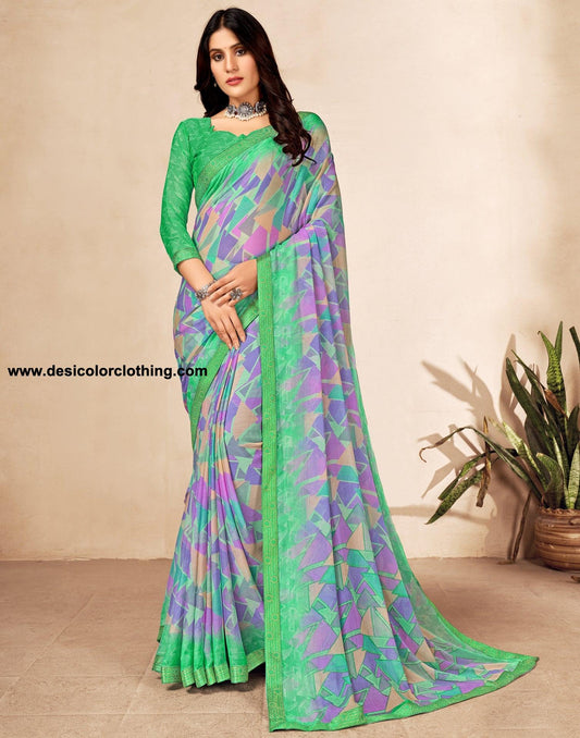 Turquoise Green Chiffon Saree