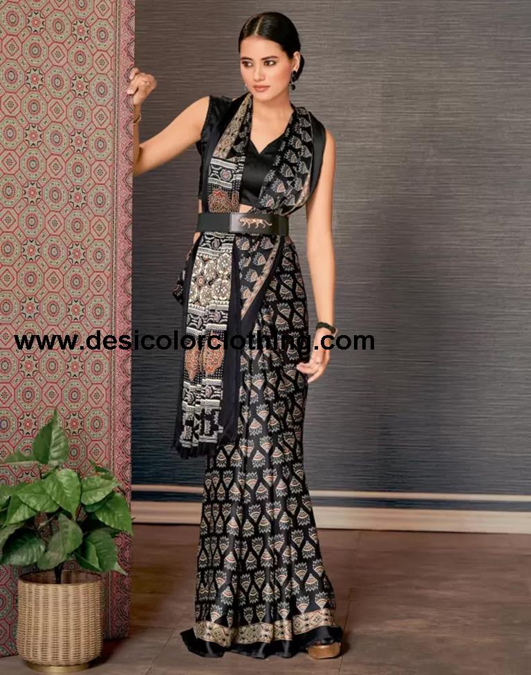 Black Satin Printed Saree