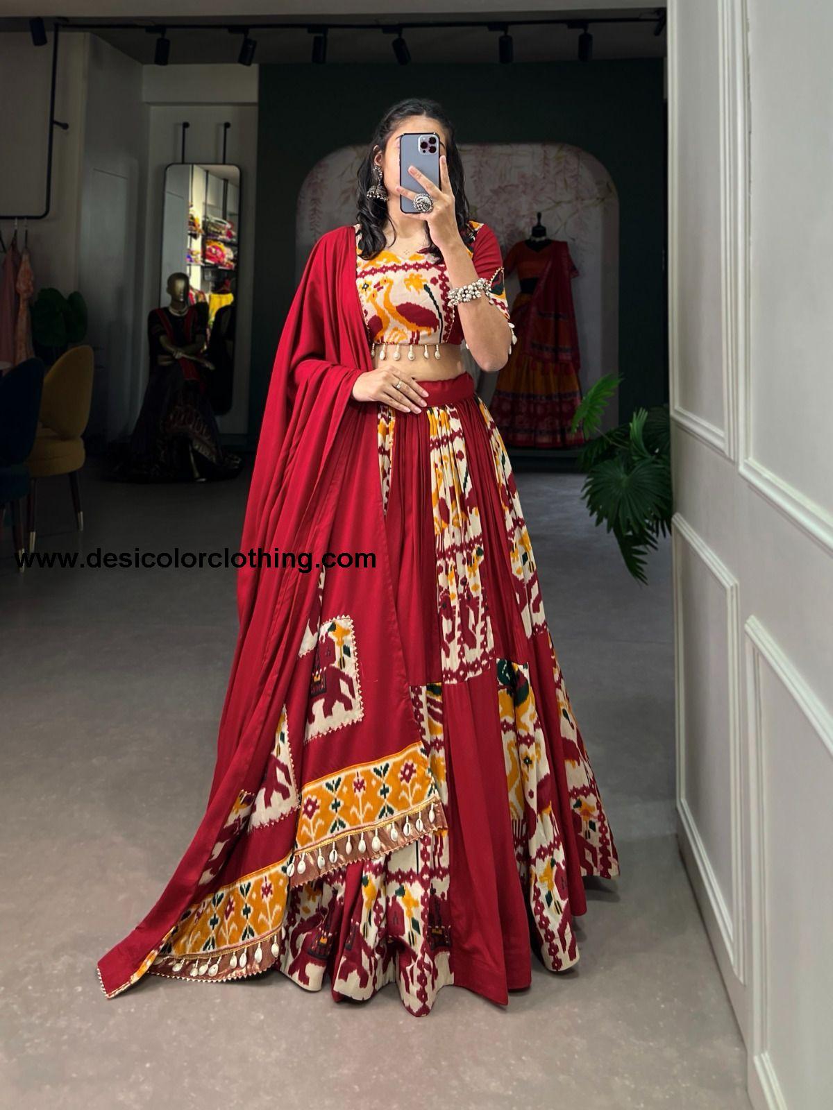 Rayon Printed Silk Lehenga Choli with Gota Patti and Cowrie Lace Detailing