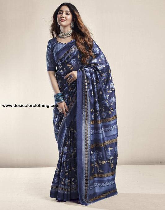 Royal Blue Floral Silk Saree